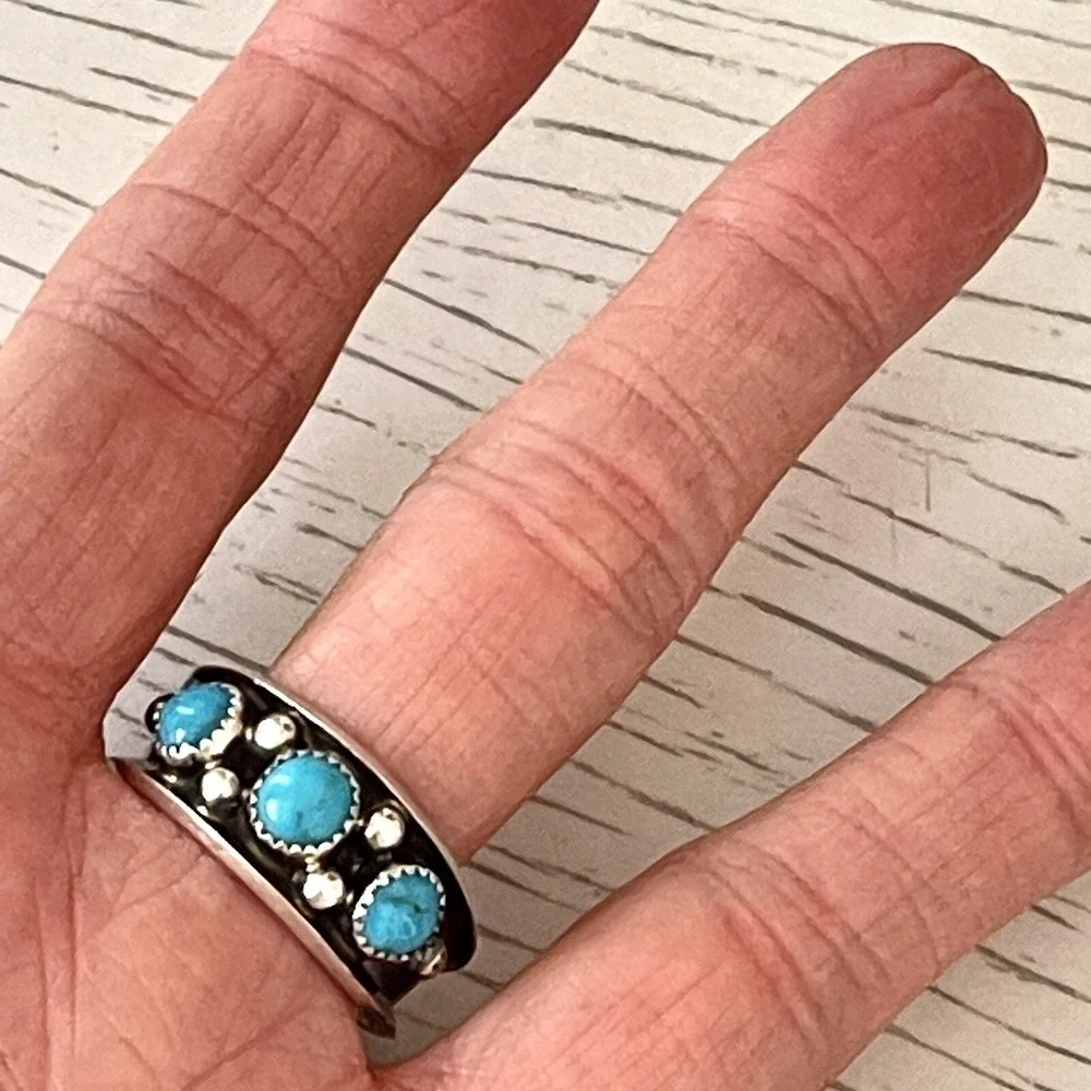 Navajo Turquoise Mens Band Sz 12.5 Three Stone Ring 12mm Sterling Dark Native 5g